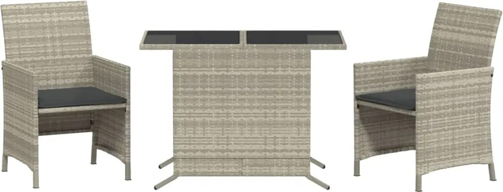 vidaXL Set bistro cu perne, 3 piese, gri deschis, poliratan