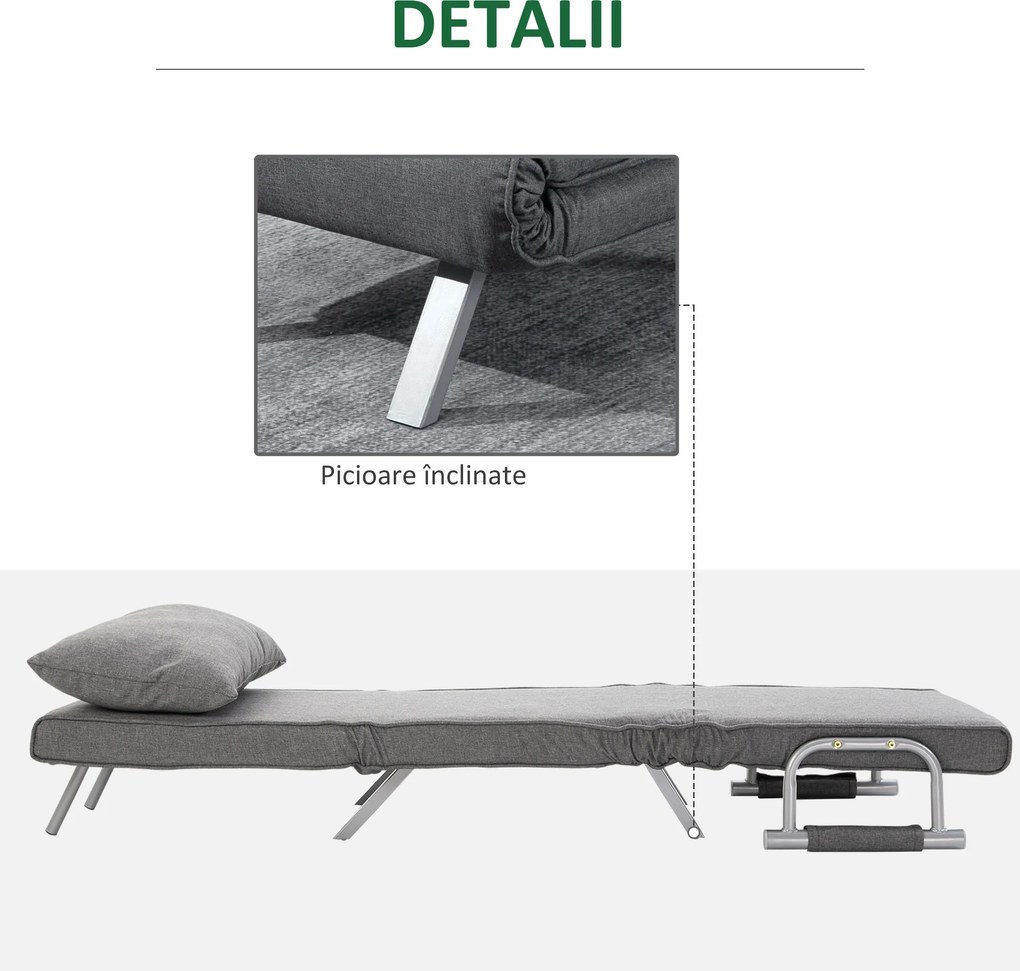 HOMCOM Canapea Extensibilă cu Poziție Reglabilă în 5 Niveluri, Canapea pliabilă cu pernă, 65x69x80 cm, Gri | Aosom Romania