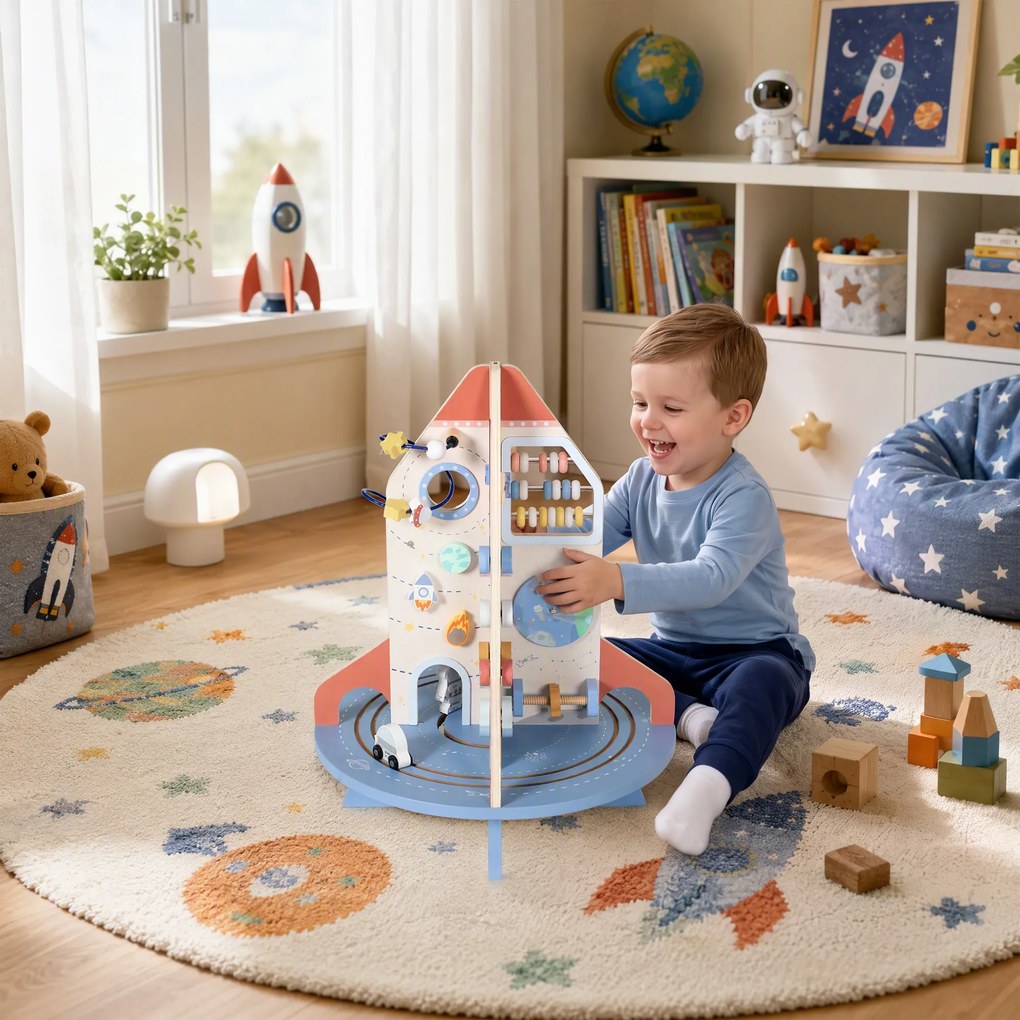 AIYAPLAY Masă Educativă Montessori pentru Copii din Lemn, cu Tematică Rachetă, Traseu de Bile, Angrenaje și Abac | Aosom Romania