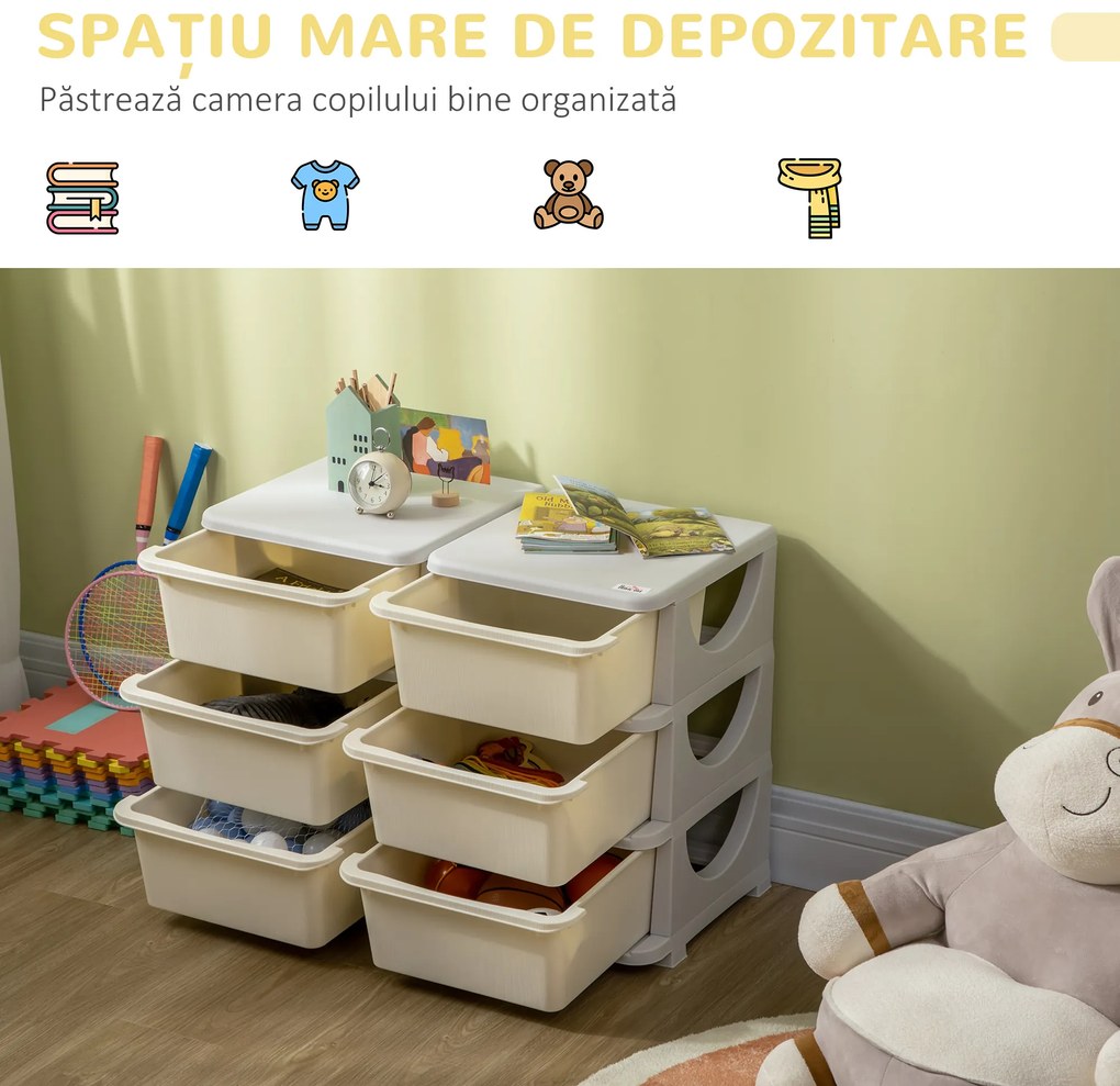 HOMCOM Comodă cu 6 Sertare pentru Copii 3-6 Ani cu Margini Rotunjite, din PP Crem, 75x37x56.5 cm | Aosom Romania