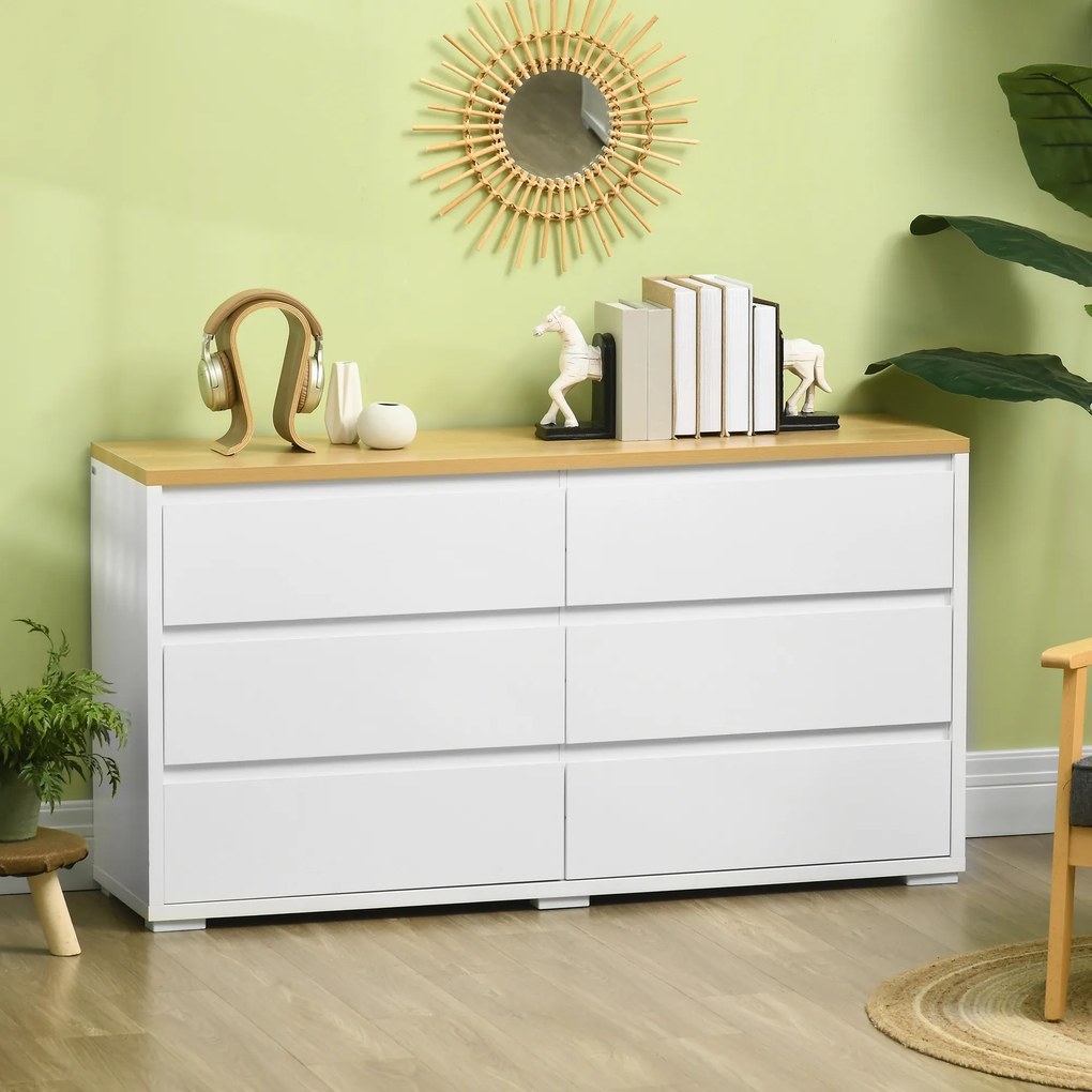 HOMCOM Comodă Depozitare, 6 Sertare, Mobilier Dormitor/Cameră de Zi, Alb/Lemn Natural | Aosom Romania