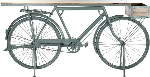 Consolă vintage tip bar din metal verde salvie antichizat și lemn de mango, „Bycicle"