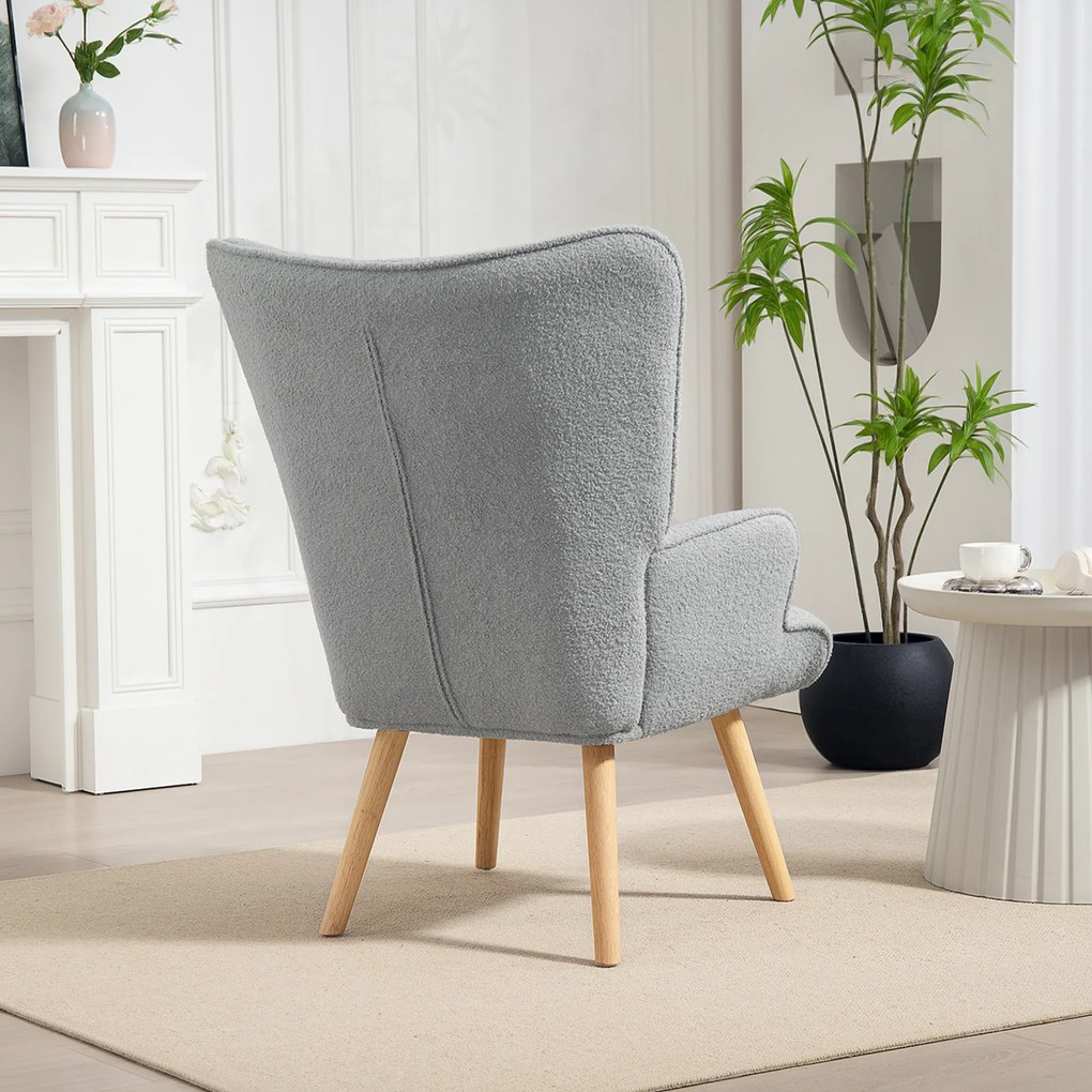 HOMCOM Scaun de salon din material textil bouclette, scaun capitonat și umplut cu picioare din lemn, 71 x 74 x 96 cm, gri deschis | Aosom Romania