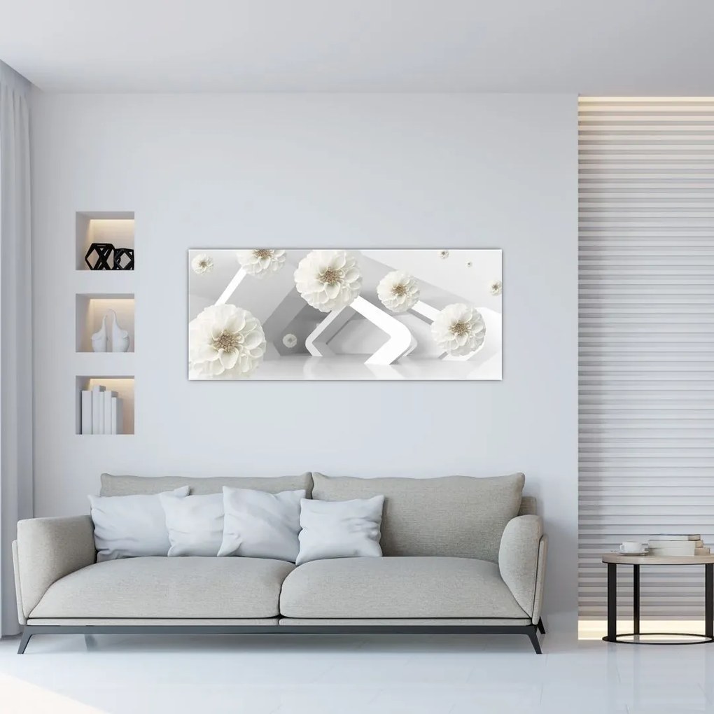 Tablou abstract cu flori albe (120x50 cm)