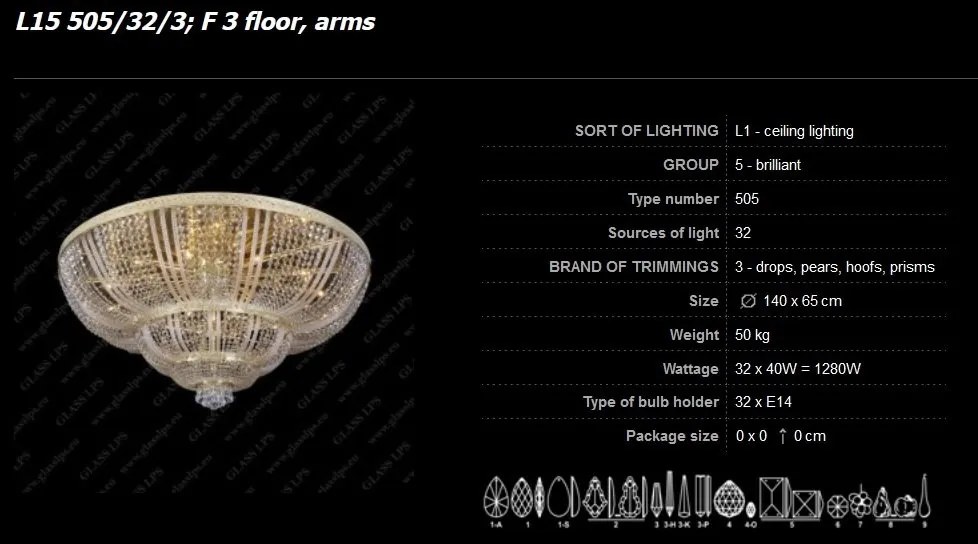Plafoniera cristal Bohemia diam.140cm, L15 505/32/3; F 3 floor, arms
