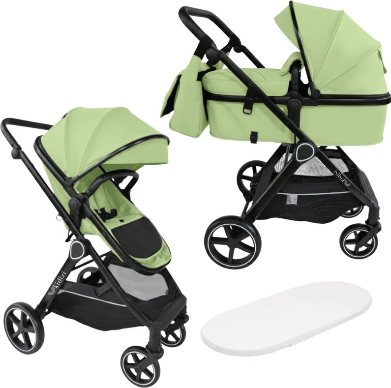 Carucior copii 2 in 1 Kidizi Moveo verde, landou transformabil in parte sport, cadru black, de la nastere pana la 22 kg (0–4 ani), saltea si geanta incluse