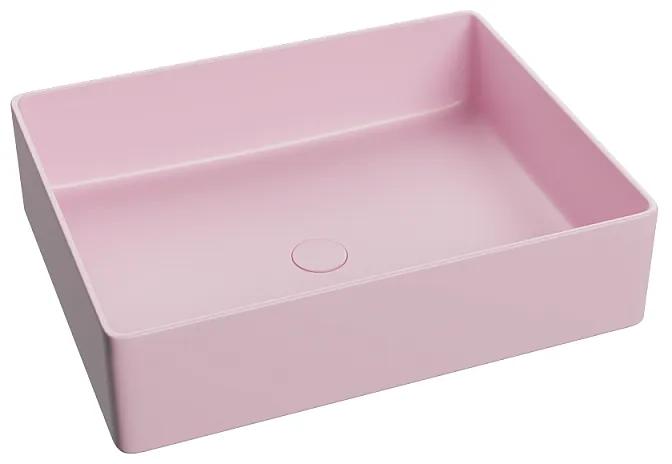 Lavoar baie dreptunghiular pe blat, roz mat, ventil inclus, Foglia, Color Roz mat