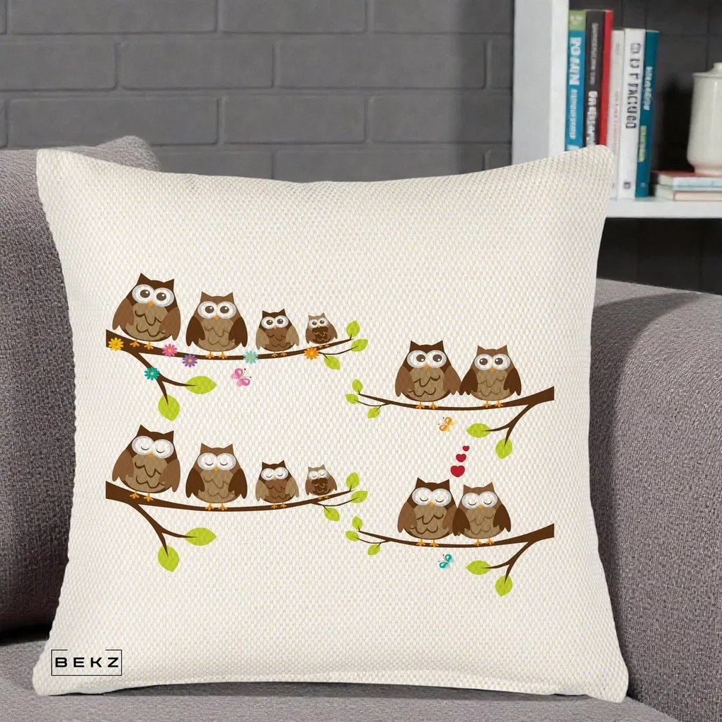 Perna Decorativa Familie de Bufnite pe Ramuri, 40x40 cm, Crem Reliefat, Husa Detasabila, Perna Inclusa, BEKZ®