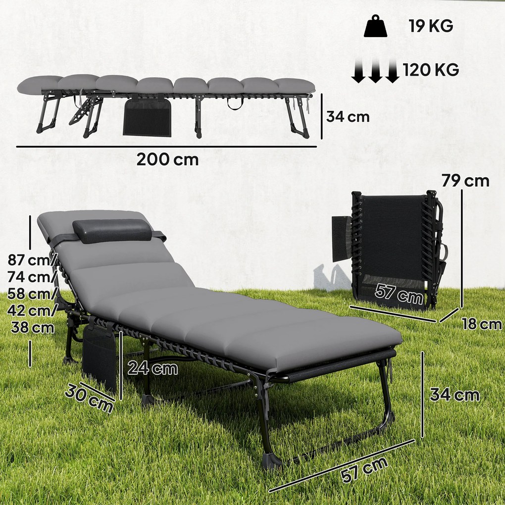 Outsunny Set de 2 Șezlonguri de Grădină Saltea XXL 9cm Reglabil 180° Complet Pliabil în 5 Poziții 200x57x38cm Gri | Aosom Romania