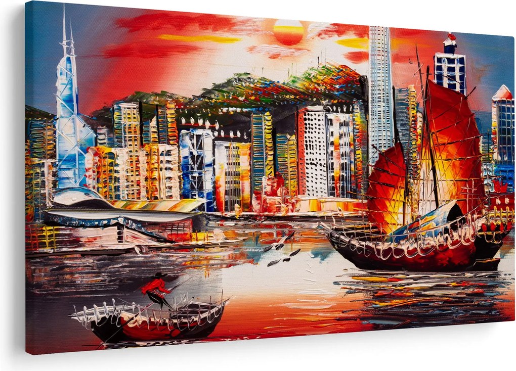 Tablou - Victoria Harbour, Hong Kong, pictură în ulei (90x60 cm)