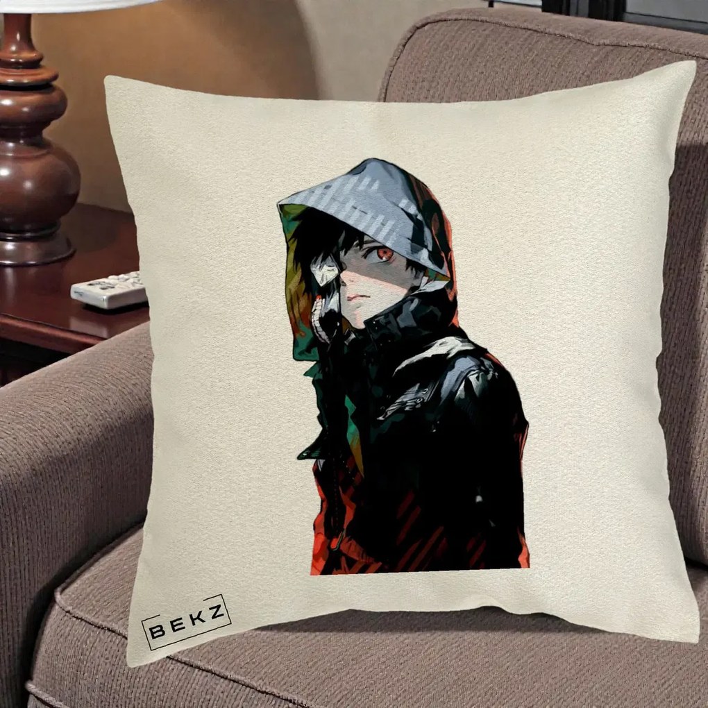 Perna Personalizata Tokyo Ghoul Ken Kaneki cu Masca si Gluga, 40x40 cm, Ecru, Husa Detasabila, Perna Inclusa, BEKZ®