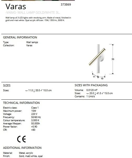 Aplica LED de perete design ultra-modern Varas auriu/alb