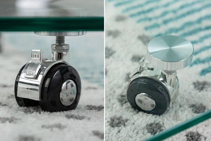 Masuta din sticla transparenta, cu roti, Fantome 90cm