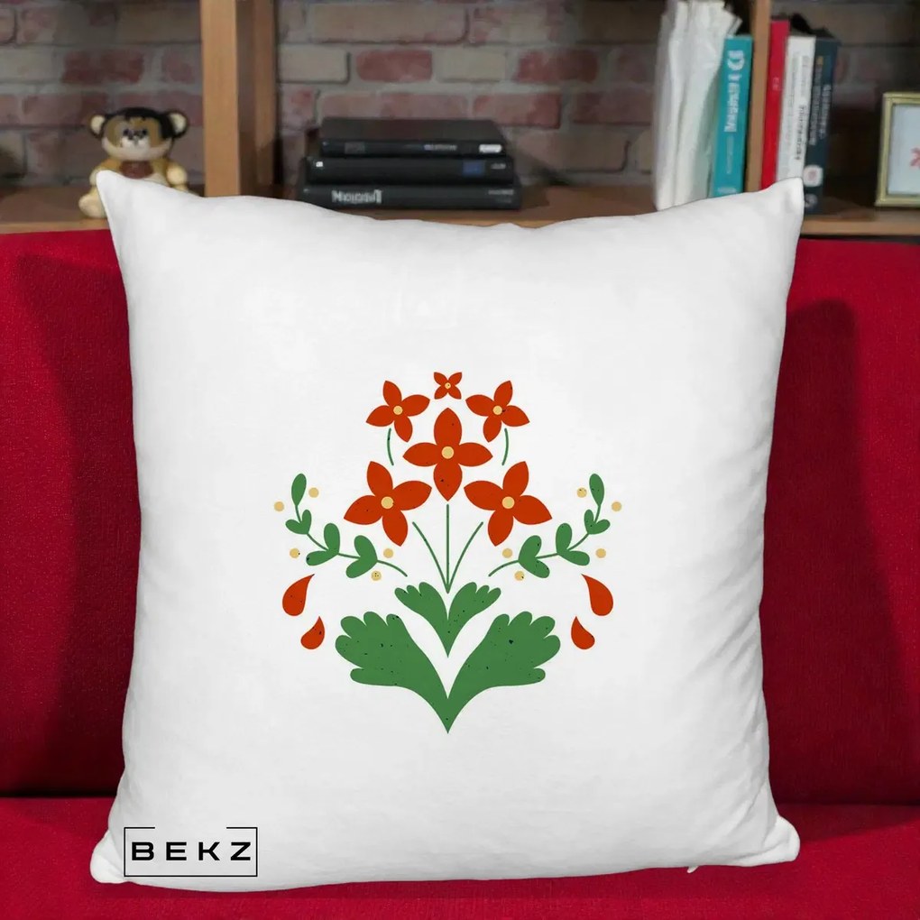 Perna Decorativa Buchet Floral Folk Rosu-Verde, 40x40 cm, Alb Pufos, Husa Detasabila, Perna Inclusa, BEKZ®