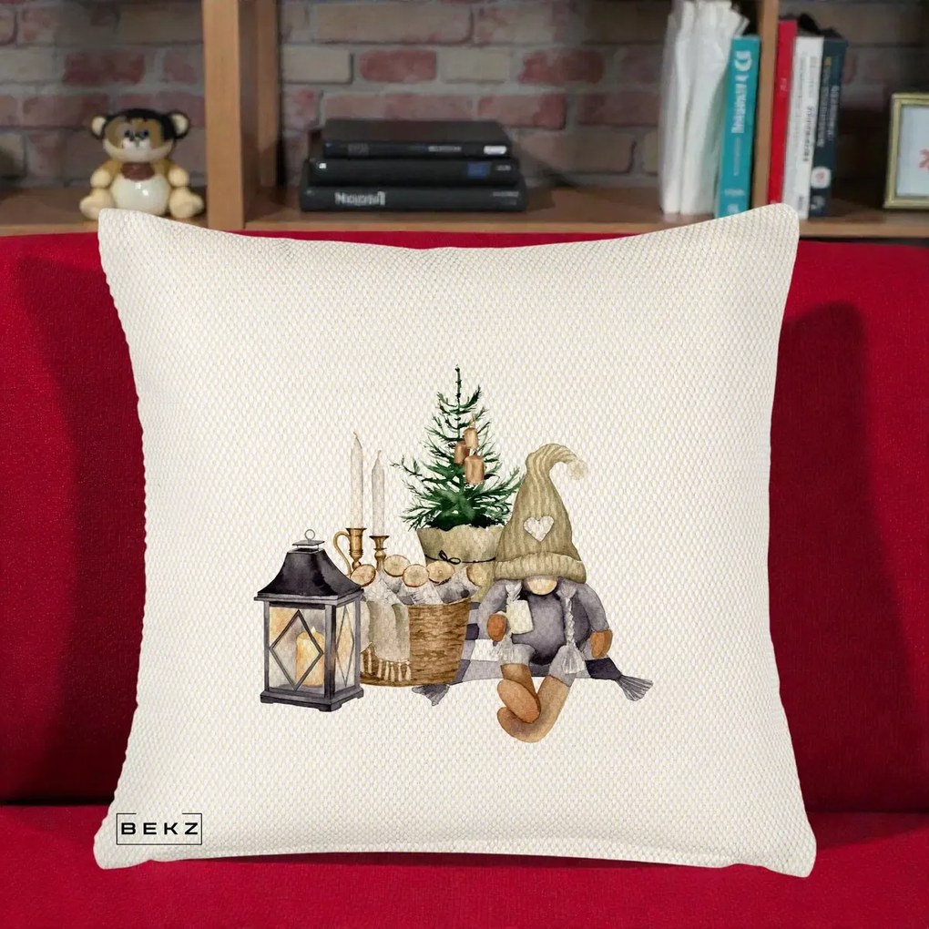 Perna Decorativa Gnom Scandinav cu Felinar, 40x40 cm, Crem Reliefat, Husa Detasabila, Perna Inclusa, BEKZ®