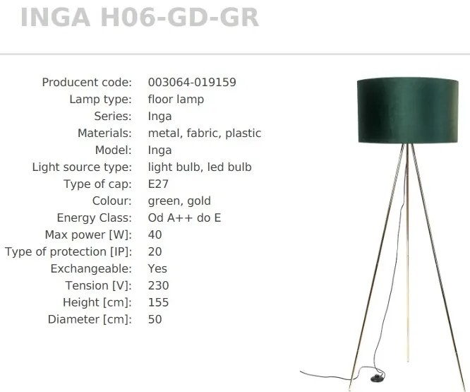 Lampadar cu trepied design modern INGA auriu/ verde