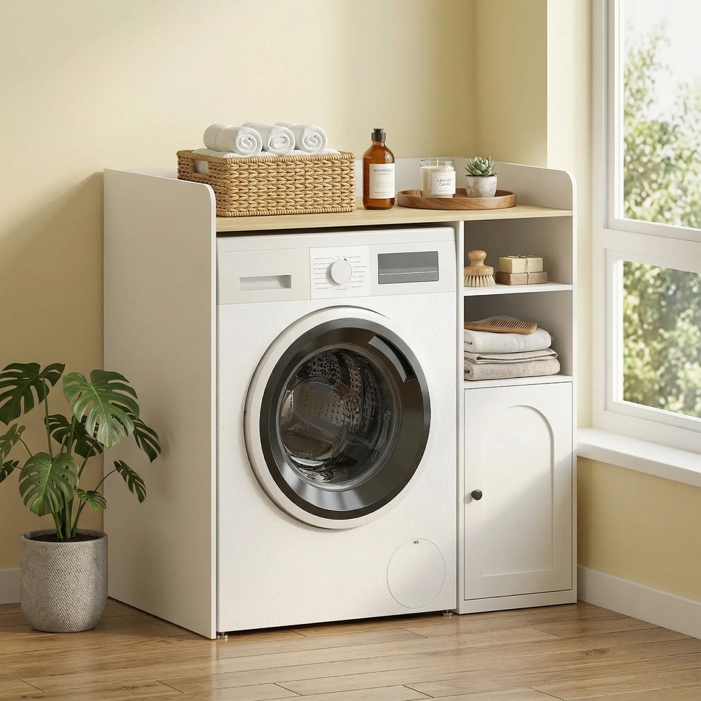 HOMCOM Dulap peste mașina de spălat cu balamale soft-close, organizator modern pentru baie peste toaletă cu rafturi deschise | Aosom Romania