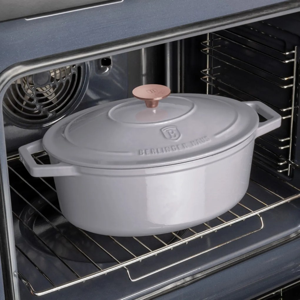 Oală din fontă emailată ovală cu capac 30 cm, 4.65L – Berlinger Haus Taupe Collection BH 6541, perfectă pentru cuptor, friptură și pâine