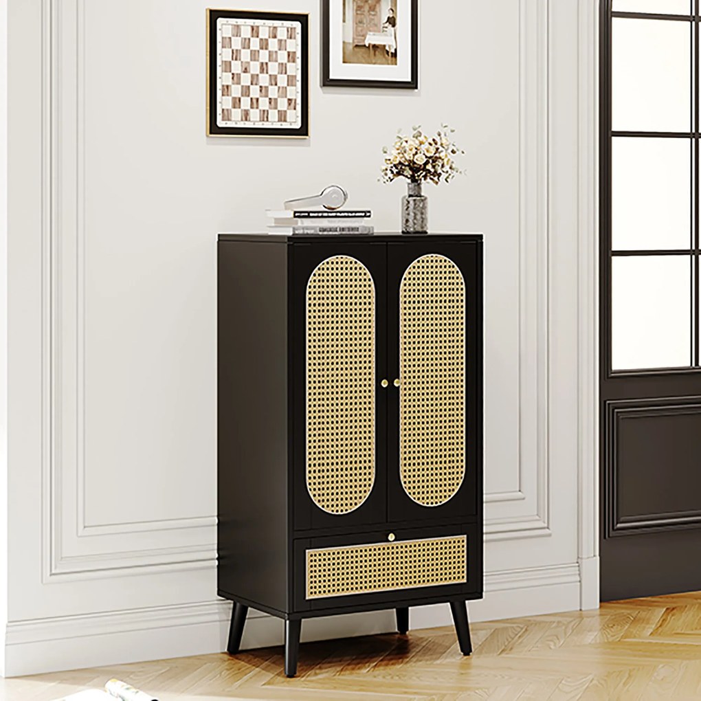 Comodă compactă, design din ratan, 2 uși, 1 sertar, 60×40×110,5 cm, Negru