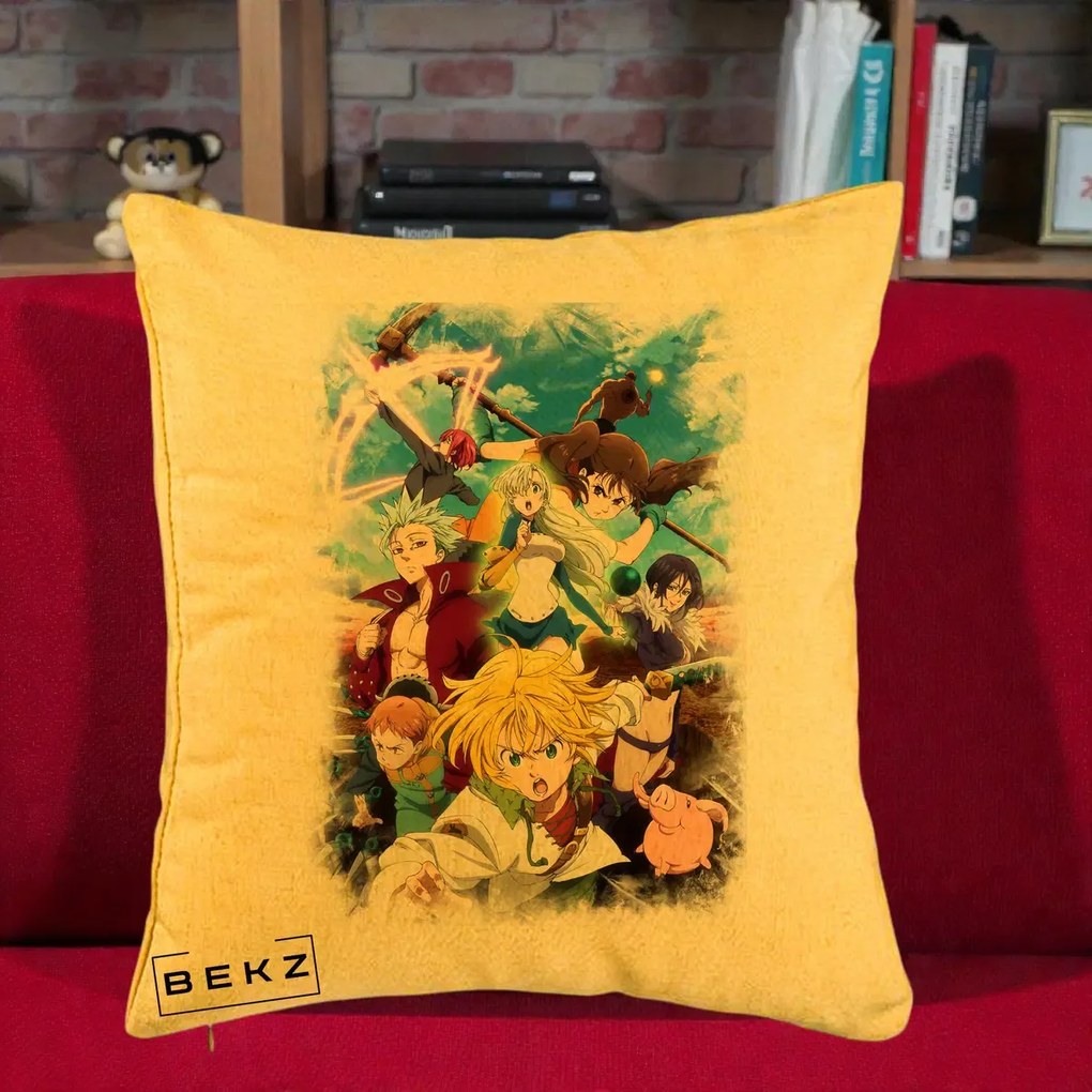 Perna Personalizata Nanatsu no Taizai Cele Sapte Pacate Mortale Anime, 40x40 cm, Galben, Husa Detasabila, Perna Inclusa, BEKZ®