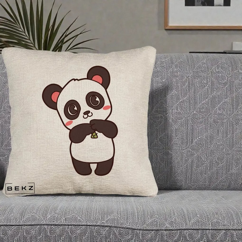 Perna Personalizata Panda Kawaii cu Bambus, 40x40 cm, Bej Canapea, Husa Detasabila, Perna Inclusa, BEKZ®