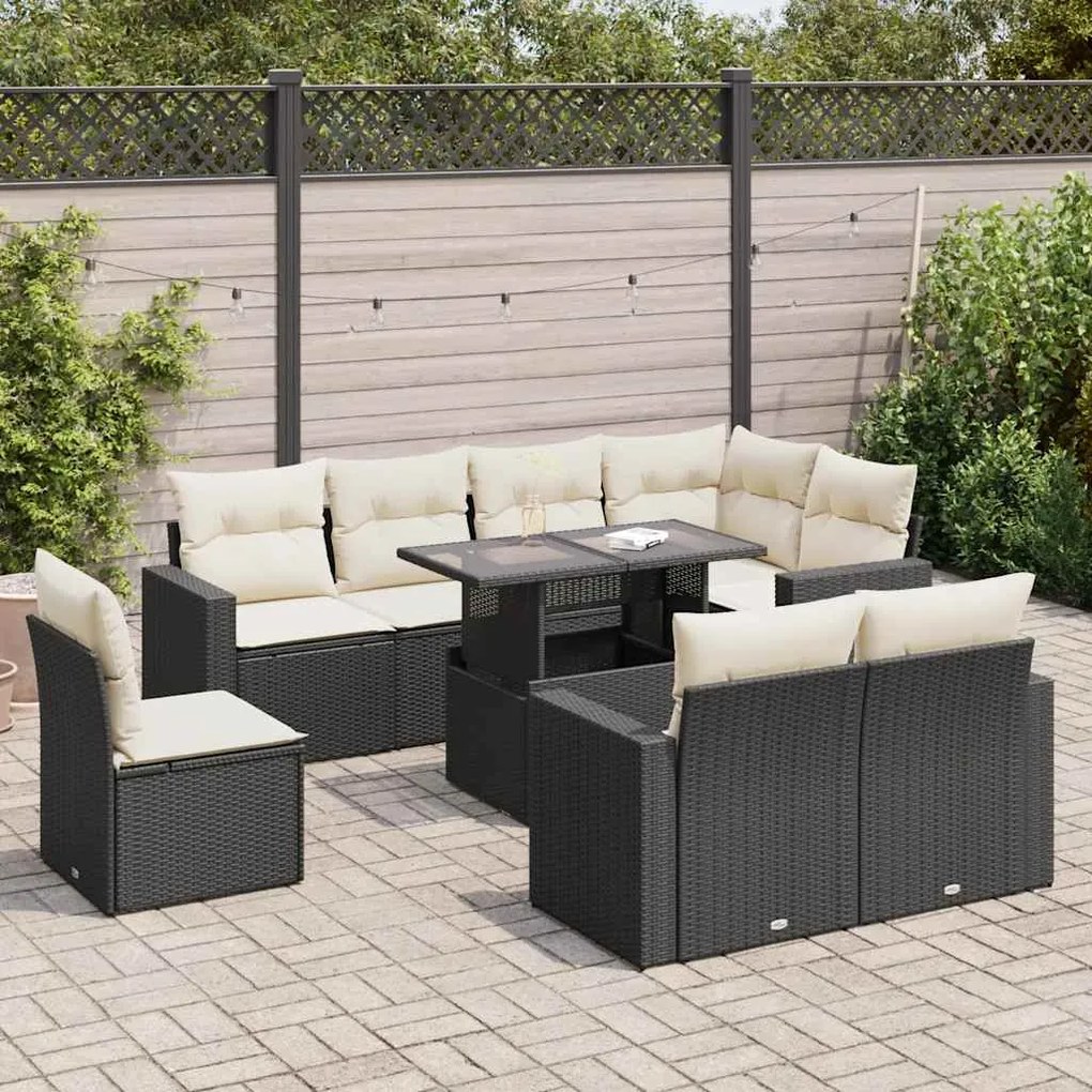 3326337 vidaXL Set mobilier de grădină cu perne, 9 piese, negru, poliratan