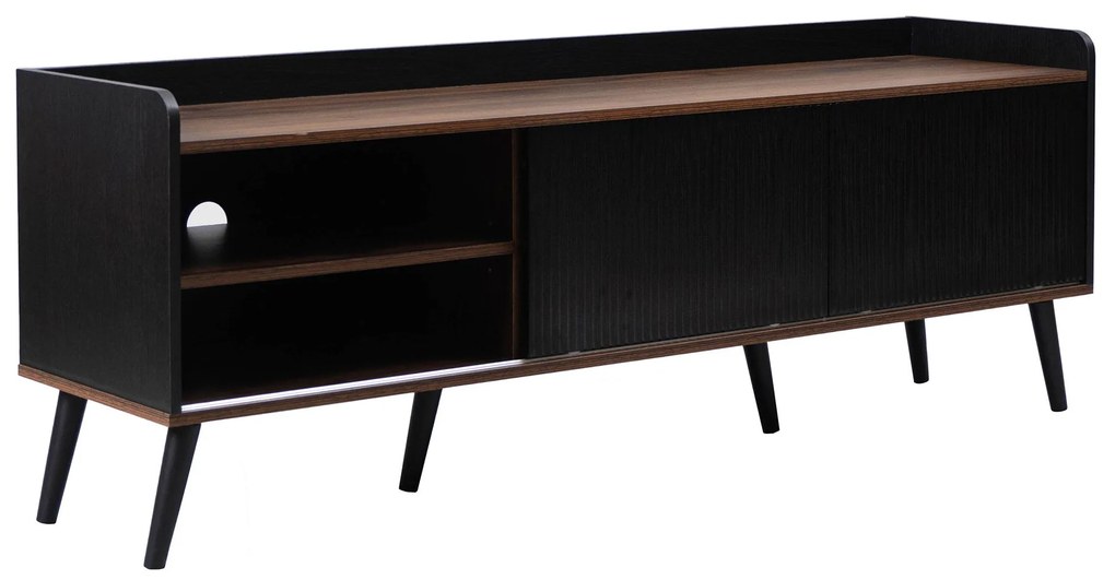 Comodă TV cu 2 sertare, uși glisante cu dungi și picioare stabile din lemn, 160x40x58 cm, Negru