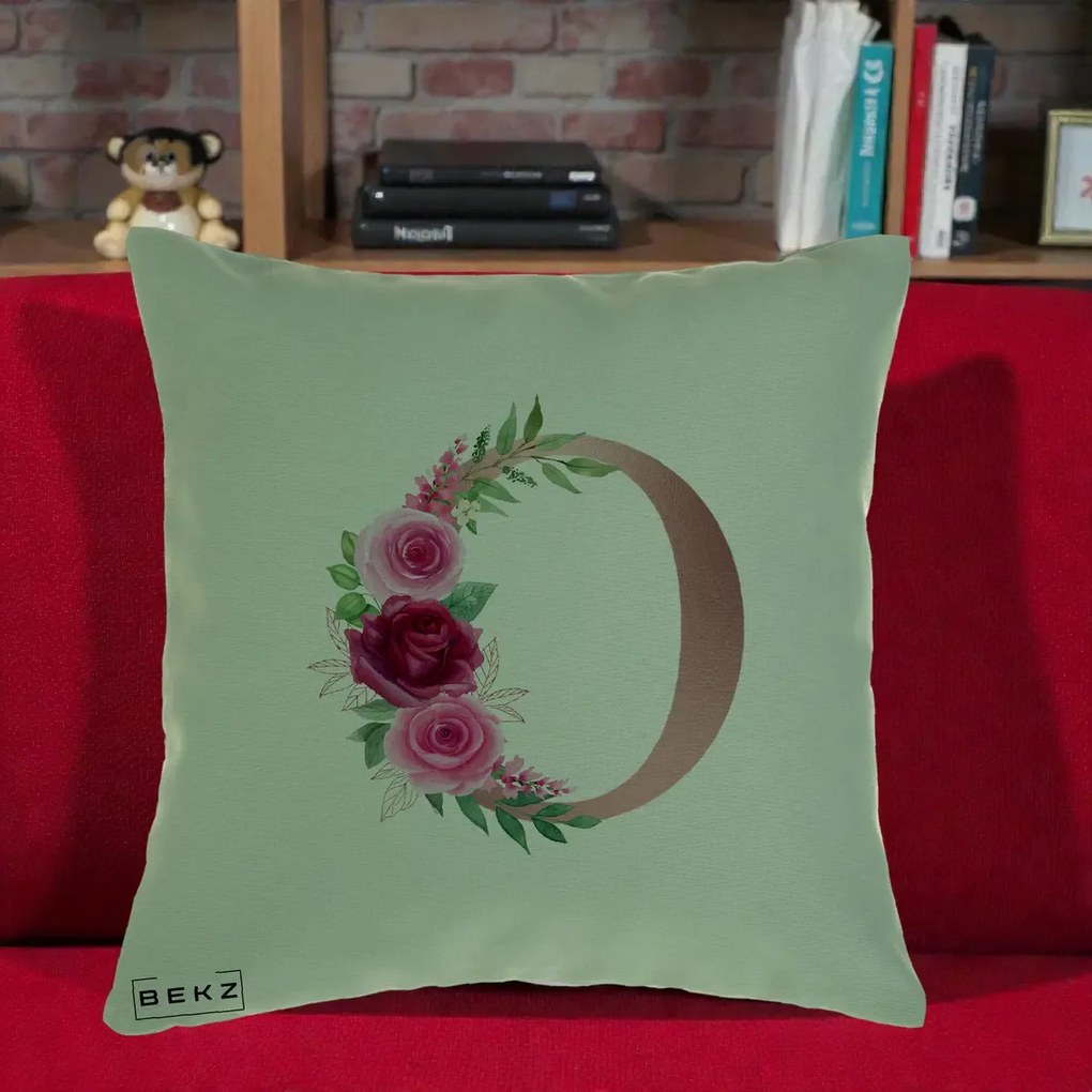 Cadou Personalizat - Perna Personalizata Monograma Rose Gold Litera O, 40x40 cm, Verde, Husa Detasabila, Perna Inclusa, BEKZ®