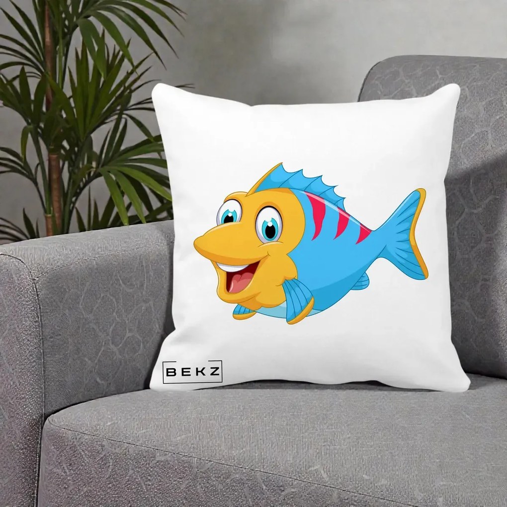 Perna Decorativa Peste Vesel Cartoon, 40x40 cm, Alba Mata, Husa Detasabila, Perna Inclusa, BEKZ®