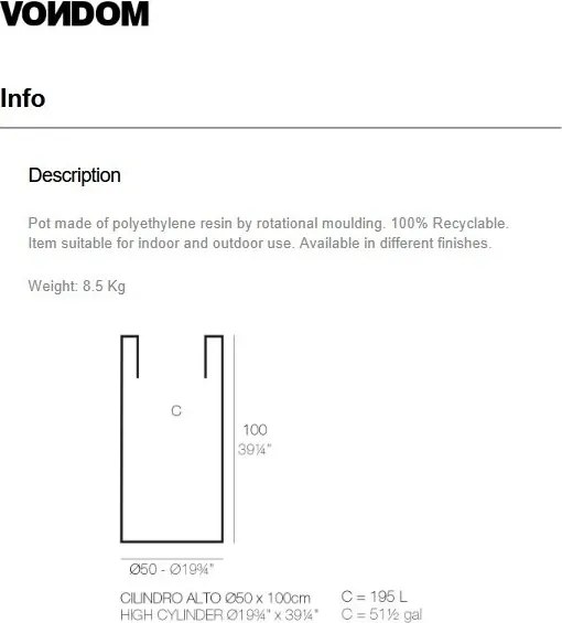 Ghiveci plante design decorativ modern exterior / interior CYLINDER POT 50x100cm