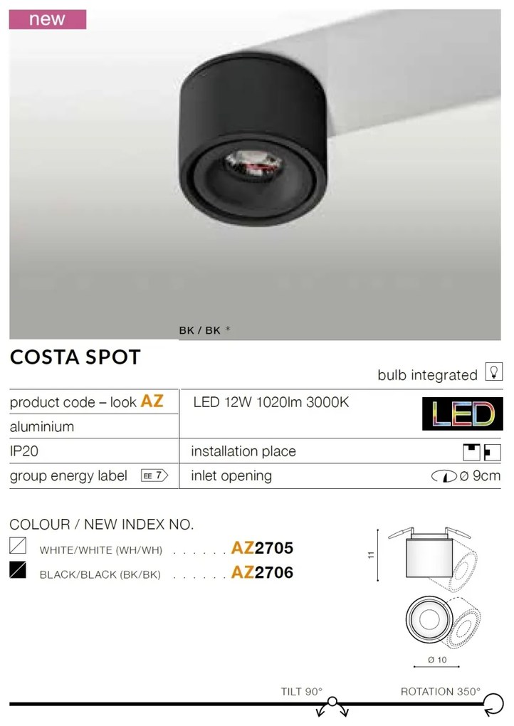 Spot LED incastrat directionabil de tavan/plafon COSTA alb
