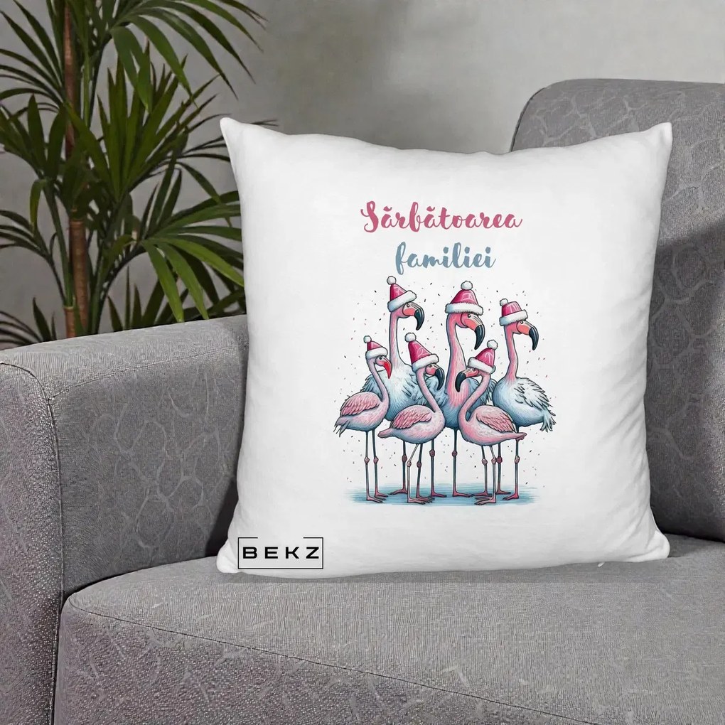 Perna Decorativa Flamingo Craciun Sarbatoarea Familiei, 40x40 cm, Alb Pufos, Husa Detasabila, Perna Inclusa, BEKZ®