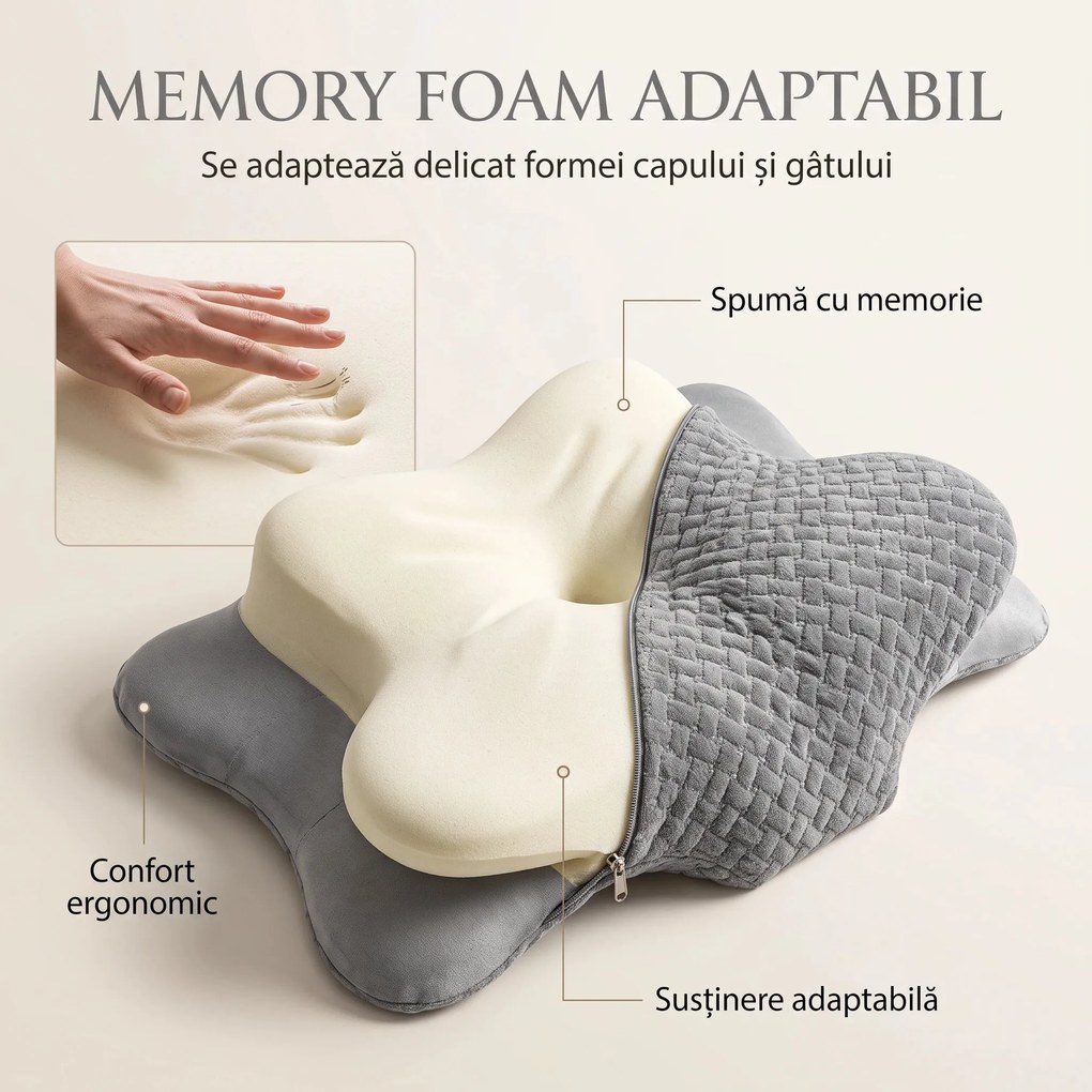 Perna cervicala ortopedica memory foam, husa Tencel, Gri