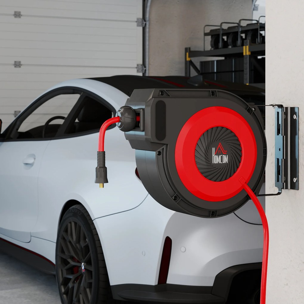 HOMCOM Tambur pentru furtun cu mecanism de retragere, furtun lung de 16,5 m, montare pe perete, Roșu+Negru | Aosom Romania