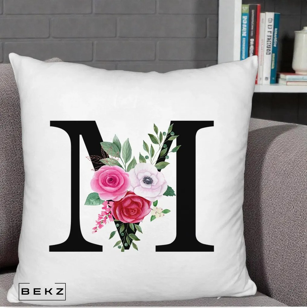 Cadou Personalizat - Perna Personalizata Monograma Florala Litera M cu Trandafiri si Anemona, 40x40 cm, Alb Pufos, Husa Detasabila, Perna Inclusa, BEKZ®