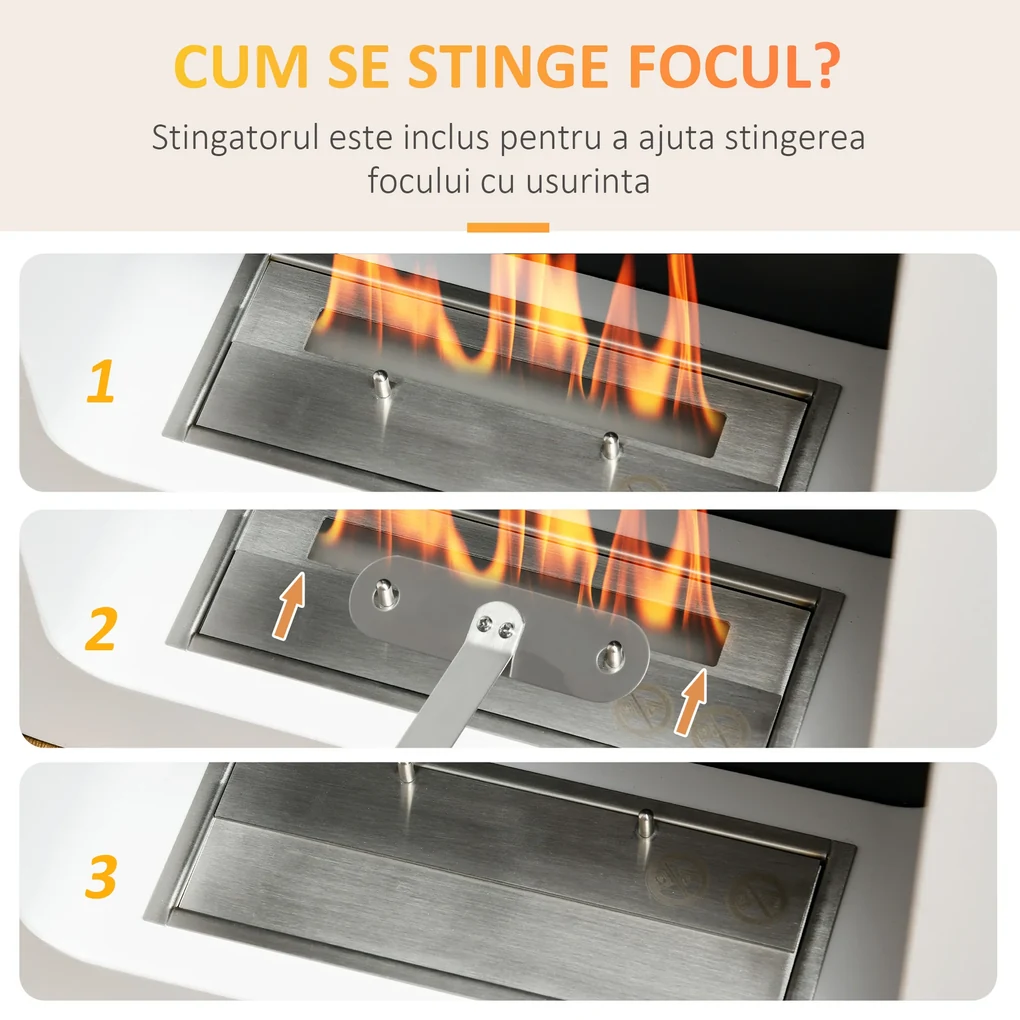 Semineu cu bioetanol de perete, incalzitor din metal, ardere de 2,5 ore, Acoperire 20m² cu rezervor de 1 l, 48x18x48cm alb HOMCOM | Aosom RO