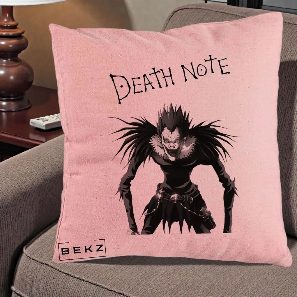 Perna Personalizata Death Note Ryuk Shinigami Alb-Negru, 40x40 cm, Roz, Husa Detasabila, Perna Inclusa, BEKZ®