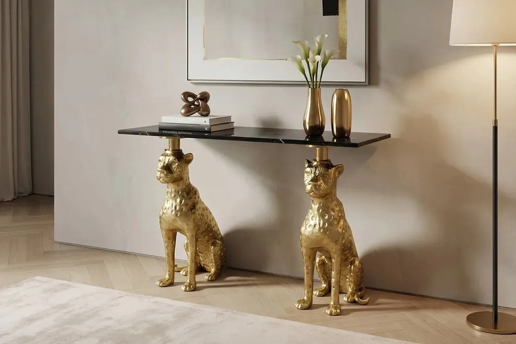 Consola extravaganta PANTHER 105cm metal auriu cu blat din marmura