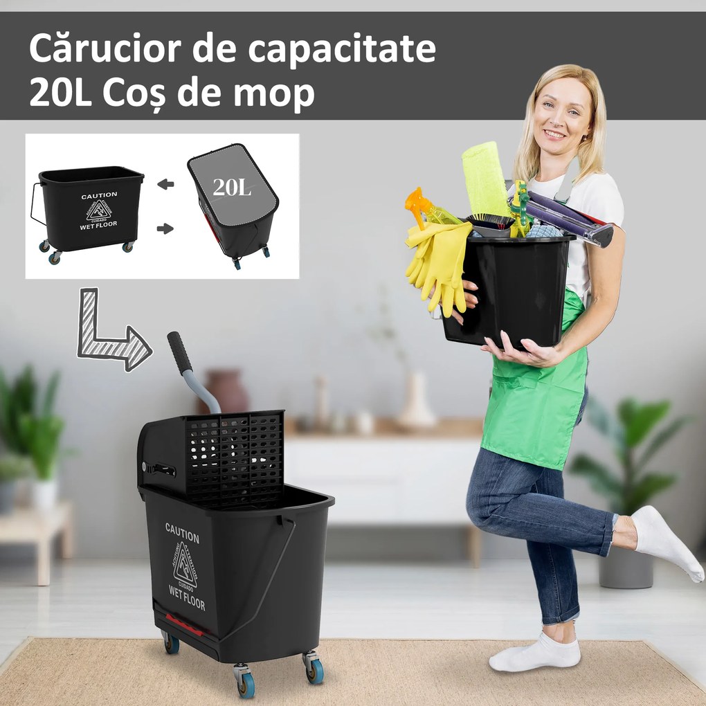 HOMCOM Cărucior Profesional pentru Curățenie cu Găleată pentru Mop de 20L, 60x27x70,5 cm, Negru | Aosom Romania