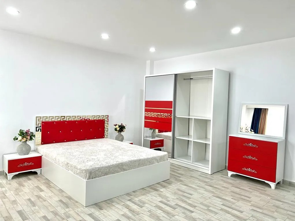 Dormitor Palermo, culoare alb / rosu, cu pat tapitat 160 x 200 cm, dulap cu 2 usi, comoda cu oglinda, 2 noptiere