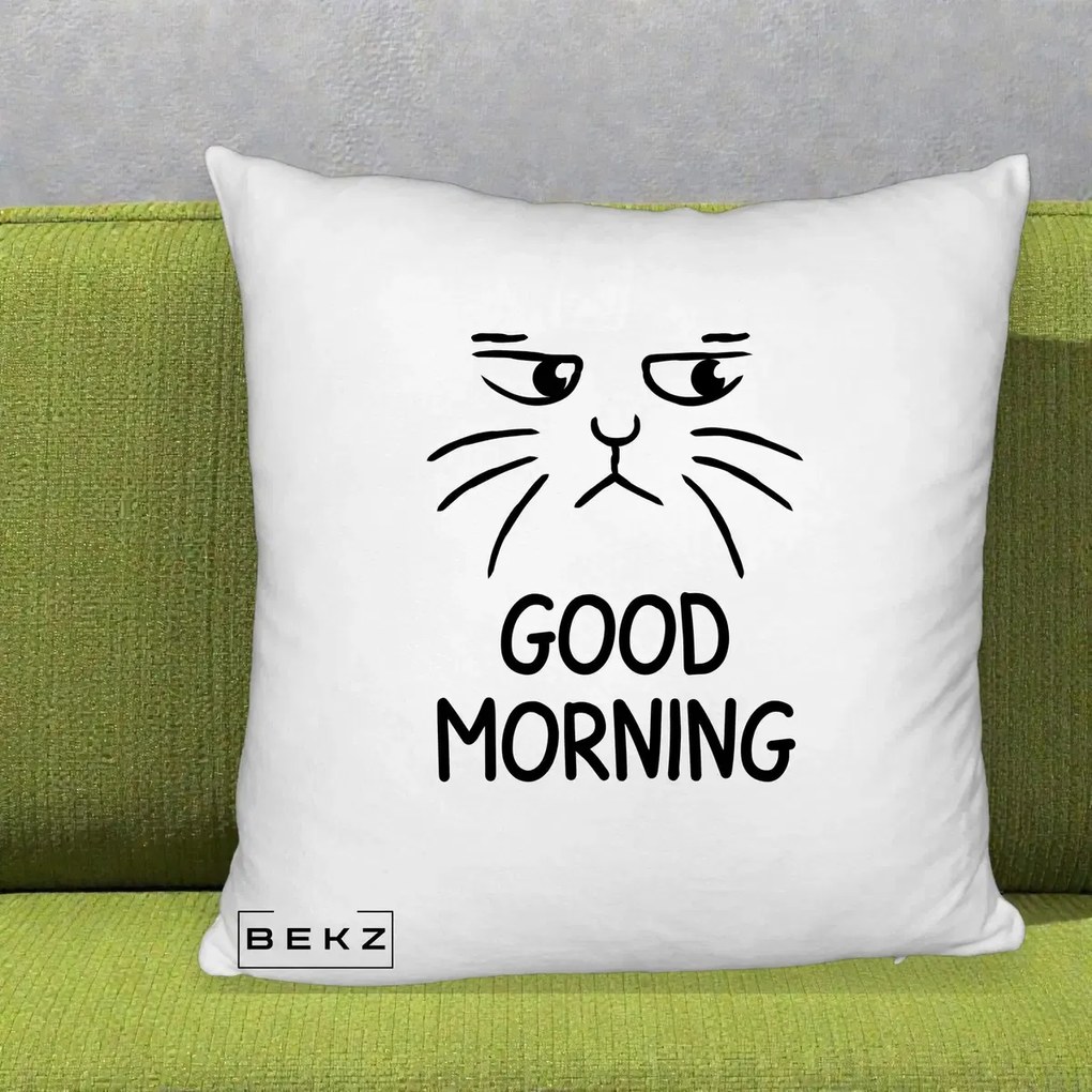 Perna Decorativa Pisica Morocanoasa Good Morning, 40x40 cm, Alb Pufos, Husa Detasabila, Perna Inclusa, BEKZ®