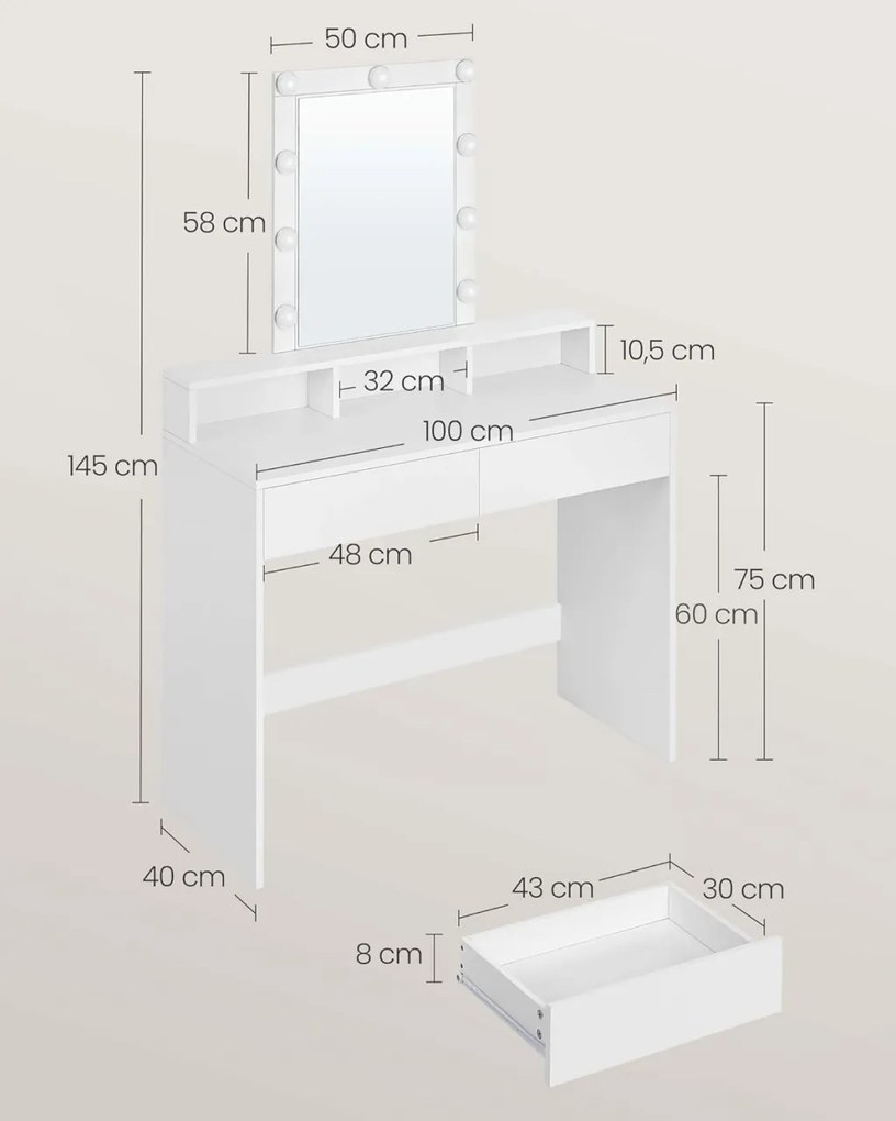 Masa de toaleta, Vasagle, Alb, 100x40x145 cm