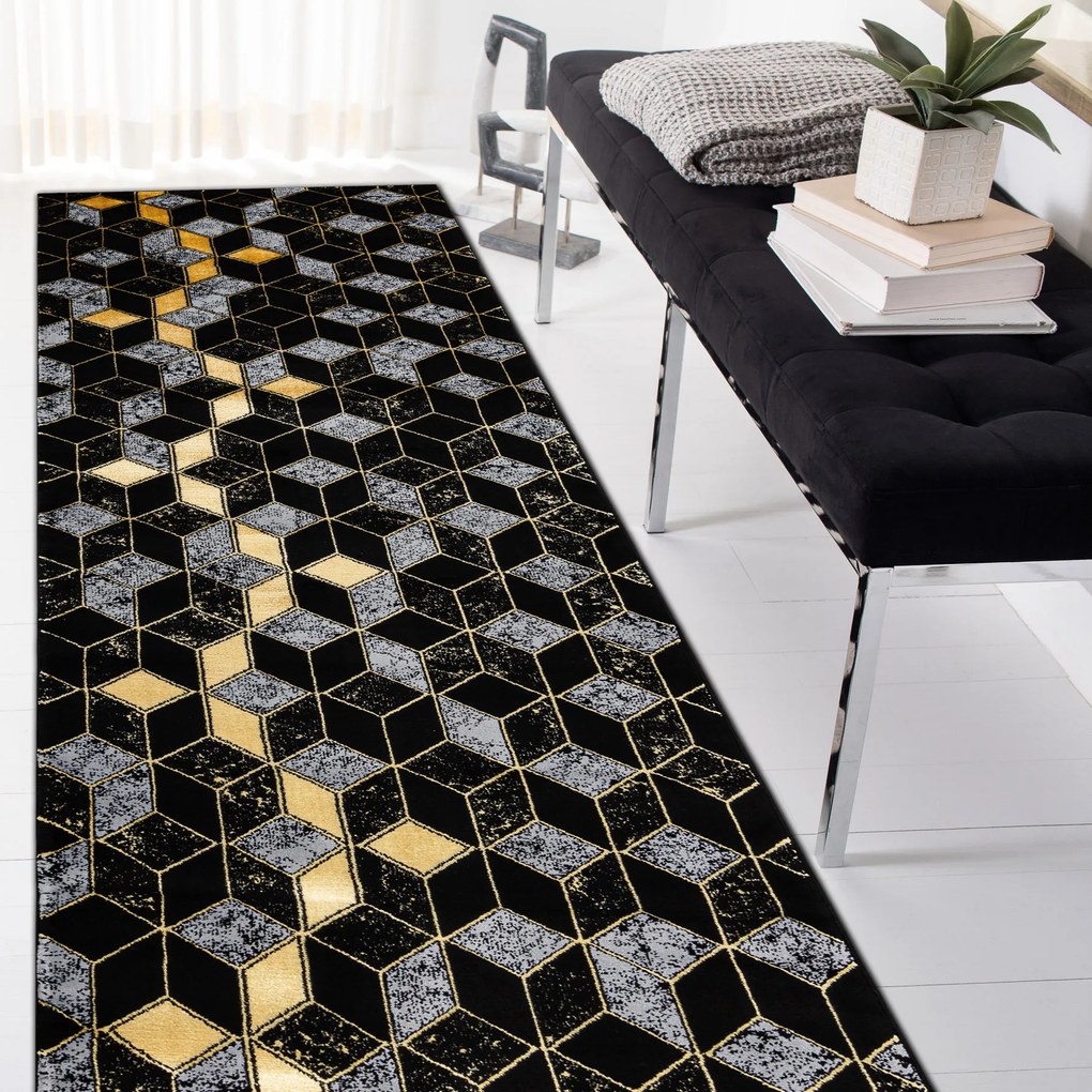 Modern GLOSS covor, traversa 400B 86 stilat, glamour, art deco, 3D geometric negru / aur