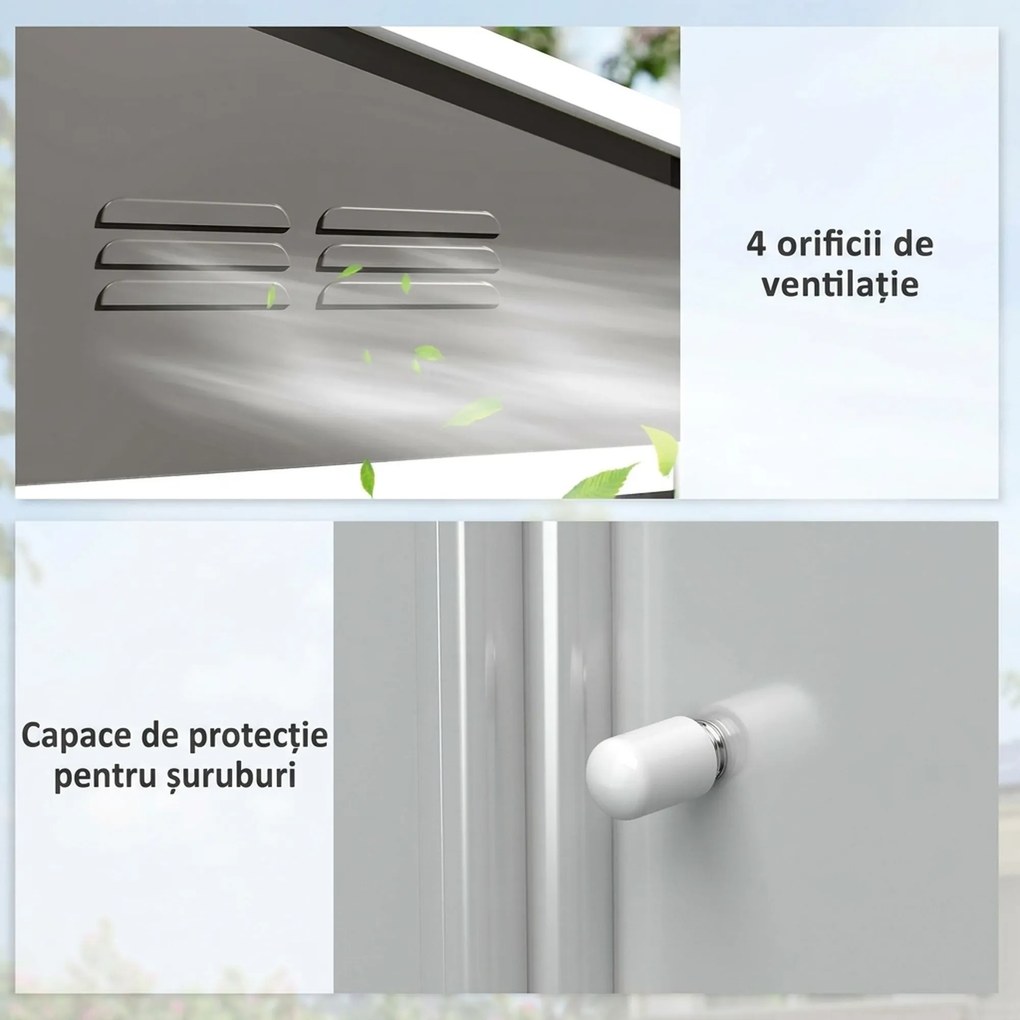 Outsunny Căsuță de grădină 2,3x1,7 m din oțel cu orificii de aerisire și uși duble glisante, efect lemn | Aosom Romania