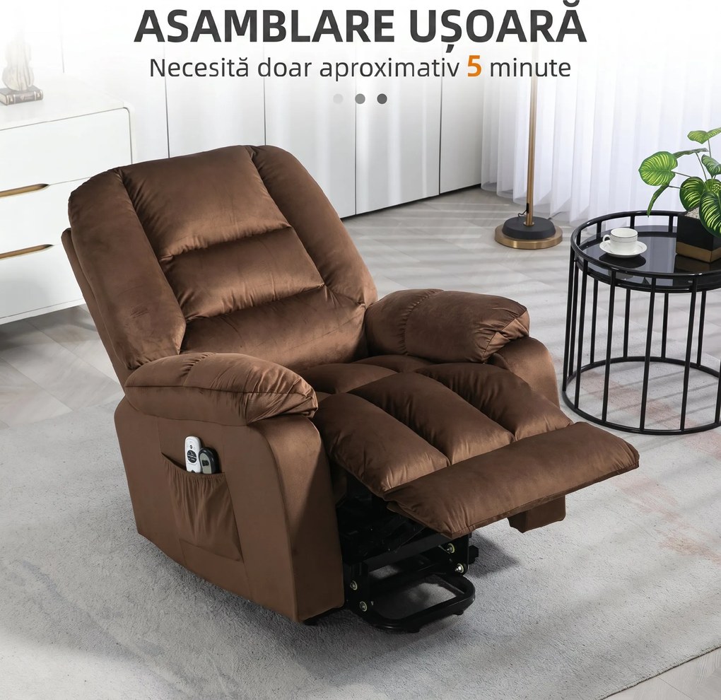 HOMCOM Scaun Rabatabil cu Ridicare Electrică și Înclinare la 135°, 8 Puncte de Masaj și 4 Modalități, 85x94x107 cm, Maro Închis | Aosom Romania