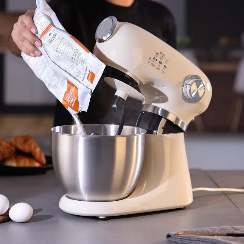 Mixer planetar Swiss Haus SH-KM2005, 1000 W, 5 l, 12 viteze, Pornire treptata, Cap rabatabil, Bol din inox, Crem