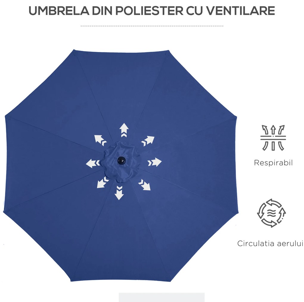 Outsunny Umbrelă pentru Grădină Φ300cm, Stâlp Demontabil, Metal și Poliester, Albastru | Aosom Romania