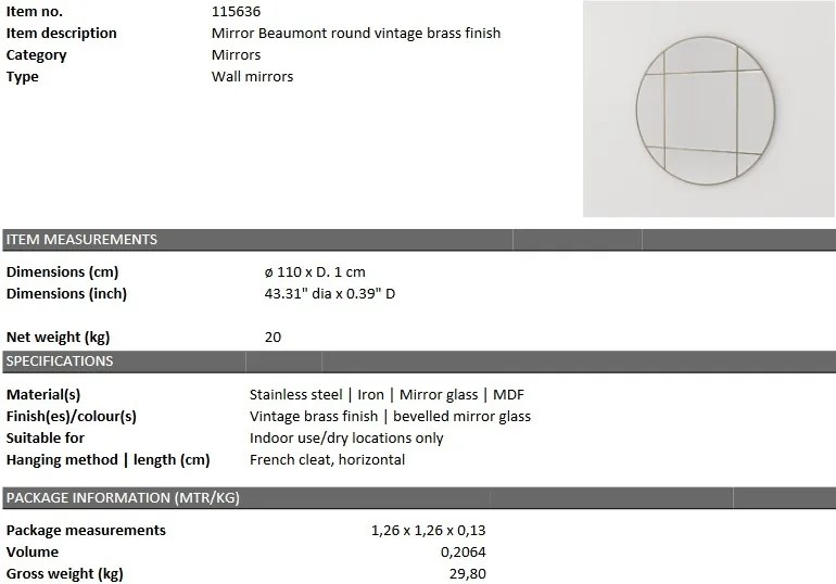 Oglinda decorativa LUX Beaumont Round, alama 110cm 115636 HZ