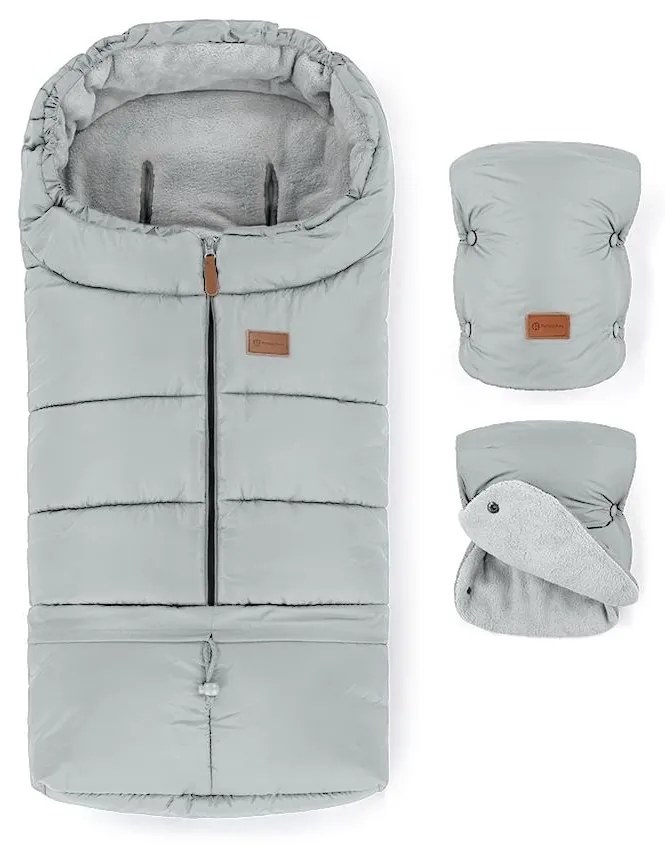 PETITE&MARS - Set sac de iarnă 3 în 1 JIBOT pentru bebeluși + mănuși pentru cărucior, gri deschis