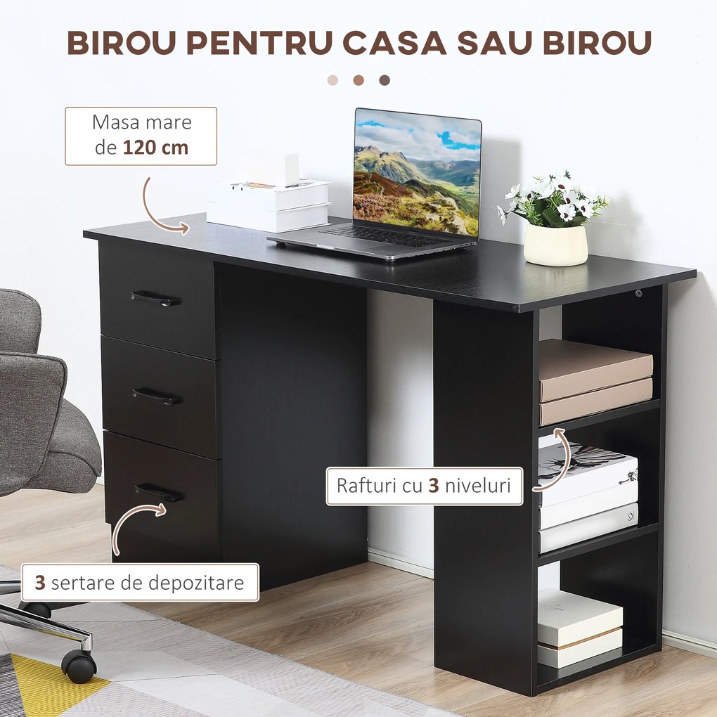 HOMCOM Birou Suport Calculator cu 3 Sertare si 3 Rafturi, Birou pentru Dormitor si Birou 120x49x72cm, Negru